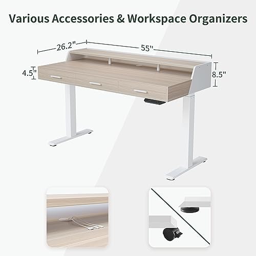 CubiCubi One-Piece Standing Desk 55x26 with 3 Wood Drawers, Pale Walnut
