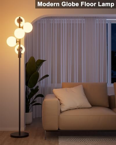 64IN Dimmable Black Floor Lamp, Tall Standing Lamps with 5 Globe Soft Warm White Eye Care 3000K G9 Bulbs, Mid Century Modern Floor Lamp with 5Lbs Heavy Base for Living Room Bedroom Office