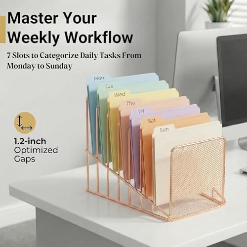 2 Pcs Incline File Sorter, 7 Slot Magazine Holder for Letter, Document, Folder and Book, Metal Desktop Organizer Rack for Home, School and Office (2-rose gold)