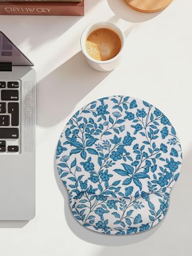 Seorsok Floral and Leaves Mouse Pad with Gel Wrist Support Mouse Pad,Ergonomic Aesthetic,Comfortable Mousepad for Office Game Work Computer,Pain Relief Mousepad with Non-Slip Silicone Base,Blue
