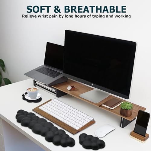 Cloud Wrist Rest Keyboard, PU Leather Memory Foam Wrist Rest for Computer Keyboard, Ergonomic Keyboard Wrist Rest Pad and Cute Mouse Wrist Rest for Gaming, Office, Computer, Typing Pain Relief, Black