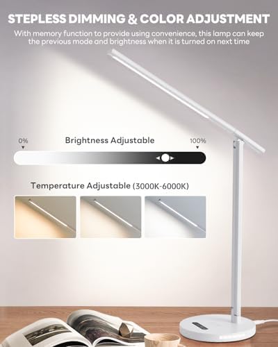 Upgraded LED Desk Lamp with Wireless Charger, Stepless Dimmable Foldable Table Lamp for Home Bedroom Office Sturdy Room, 3 Color Temperatures, Memory Function