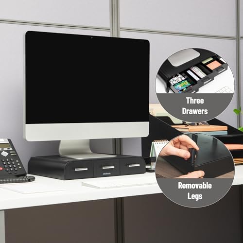 Mind Reader Monitor Stand, 3 Storage Drawers, Desktop Organizer, Riser, Office, 13.5"L x 13"W x 4"H, Set of 2, Black