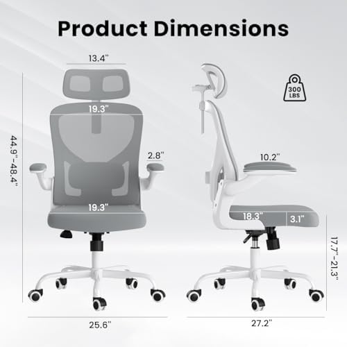 Ergonomic Home Office Desk Chair with Flip-Up Arms and Headrest, Gray/White