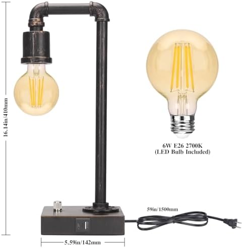 Industrial Table Lamp, Vintage Bedside Lamp with USB C and USB A Charging Ports, Dimmable Steampunk Office Lamp Metal Pipe Edison Reading Lamps for Bedroom, Dorm, Farmhouse Decor 6W LED Bulb Included
