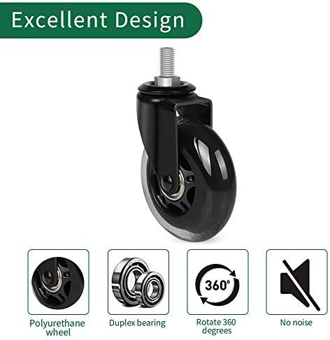 Replacement Office Chair Caster Wheels by 8T8, Set of 5, Rubber Chair Casters with Threaded Stem 3/8''-16X1(NOT Metric M10), Quiet and Smooth Gliding,Safe for Woood Hardwood Carpet Floors