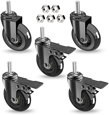 3" Caster Wheels set of 5(3 with Safety Dual Brake,2 without),Heavy Duty Swivel Castors w 3/8"-16UNC Threaded Stem, No Noise Rubber wheels,Safe for HardWwood,Carpet,Fit Chair,Workench,Shelf