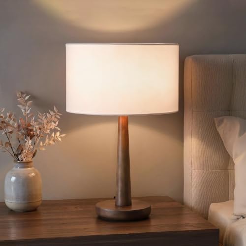 18.5" Modern Dimmable Walnut Wood Table Lamp with Linen Shade, White