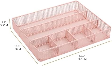 Annova Desk Top Organizer Tray for Office Organization - Metal Mesh - Storage Tray with Dividers for Pens, Desktop Accessories, Bathroom, Kitchen, Makeup and Office Supplies (Large, Light Pink)