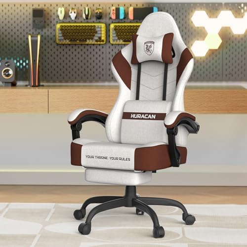 Ferghana Cotton Fabric Gaming Chair - Wider Seat Cushion, Shield-Shaped Embroidery, Ergonomic High Back with Footrest, Computer Gamer Chair for Adults Featuring Massage Lumbar Support, Brown