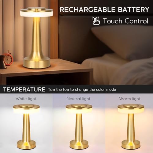 JHPGEOE Cordless Metal Desk Lamp, Touch Sensor Control LED Table Lamp,3 Color Stepless Dimmable Battery Powered Lamp for Living Room, Dorm, Home Office (Gold)