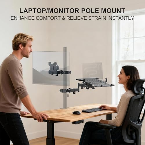 WALI Laptop Pole Mount, Adjustable Laptop Arm Holder Fits 10"-15.6" Laptops, 2-in-1 Full Motion Monitor Mount with Removable Tray, VESA 75x75 or 100x100 mm, Holds up to 15.4lbs(011ARMLPN), Black