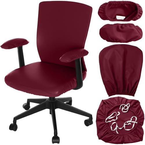 Tallew 4 Pcs Office Chair Covers PU Leather Office Desk Accessories Universal Computer Chairs Cover Stretchable Protective Chair Seat Covers Desk Armrest Cover Slipcovers Rotating Backrest(Burgundy)