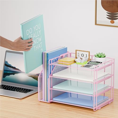 Marbrasse 4-Tier Paper Tray Organizer with File Holder, Pink