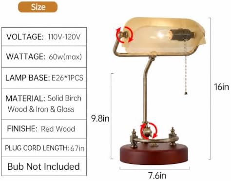 Bankers Lamp Traditional White Glass Desk Lamp Solid Wood Pull Chain Switch