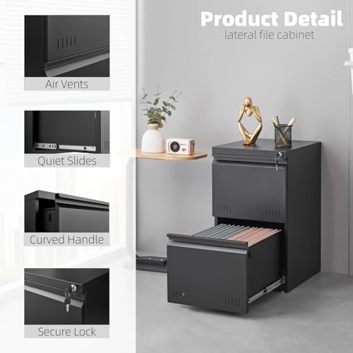 Guizeeopo 2 Drawer File Cabinet with Lock, Vertical File Cabinets for Home Office, Printer Stand, Heavy Duty Steel Office Storage Cabinet for Letter/Legal/A4, Assembly Required(Black)