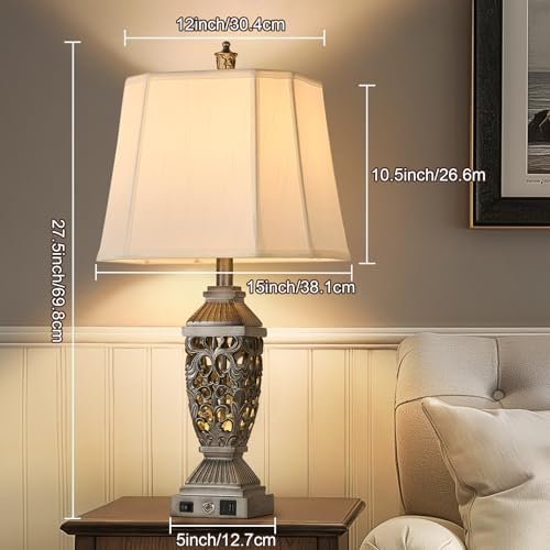 AIDENOEY Farmhouses Table Lamp with USB & USB-C Charging Ports, 3-Color Dimmable & Stepless Bottom Dimming, Touch Control & Switch, Vintage Bedside Lamp for Bedroom Living Room Office,(27.5" high)