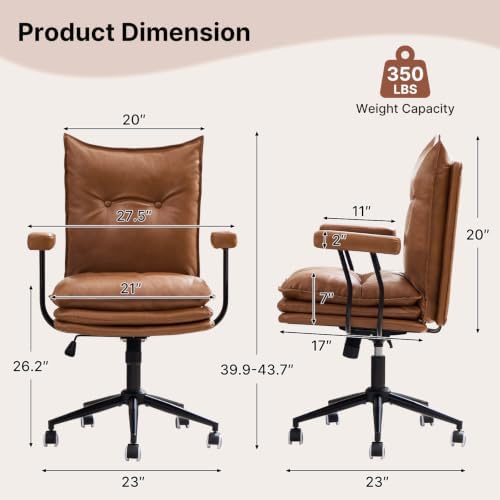 Leather Office Chair,Detachable Armrests,360°Swivel Mid Century Modern