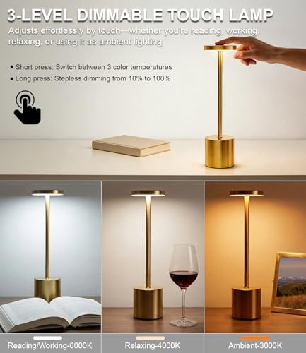 Swinerton Cordless Table Lamp Set of 2, Gold 5000mAh Rechargeable Battery Operated Lamps, Wireless 3 Color Dimmable Touch Lamp Table Light for Restaurant Dining Patio Outdoor, Home Decor