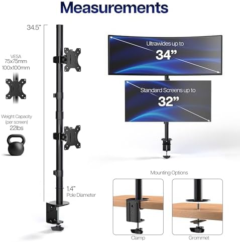 VIVO Dual Vertically Stacked Monitor Desk Mount, Extra Tall Adjustable Stand for 2 Ultrawides up to 34 inches, 22 lbs Capacity, Black, STAND-V002T