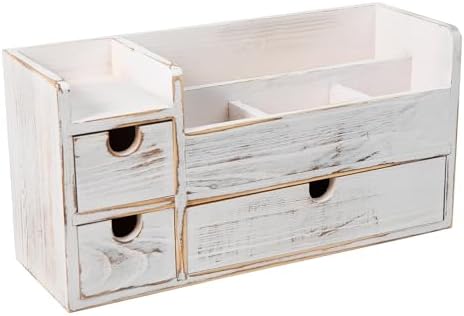 White Wooden Desktop Organizer 3 Removable Drawers Office Supplies Wood Storage Caddy Box Stationery Pencil Multiple Cabinet Slots Mail Holder Note Pads Accessories Home Makeup Tools Cosmetics