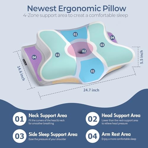 Cervical Pillow for Neck Pain Relief, Ergonomic Neck Pillow for Sleeping, Contour Side Sleeper Pillow for Neck Support, Orthopedic Cooling Memory Foam Pillows for Back Stomach Sleepers (White & Blue)