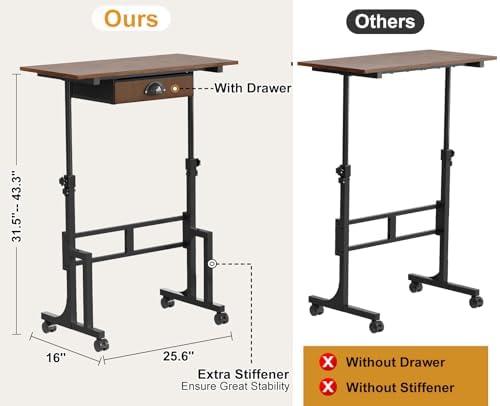 Adjustable Height Standing Desk With Drawer, Rolling Sit Stand Up Desk With Wheels, Small Sit To Stand Computer Desk, Adjustable Desktop Height, On Wheels, Brown, For Walking Pad Laptop Treadmill