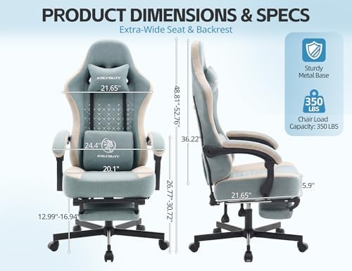 Office Chair for Home Office, Ergonomic Wide Seat Desk Chair with Pocket Spring Cushion, Breathable Leather Gaming Chair with Adjustable Headrest and Retractable Footrest，Blue