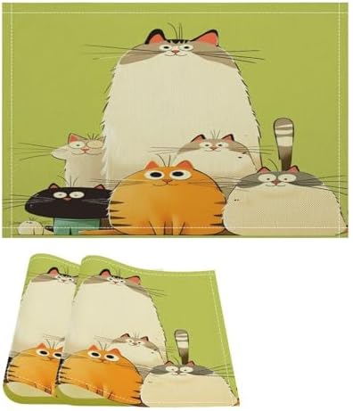 Cute Cats Family Cartoon Linen Placemats Set of 2PCS, Heat Resistant Non-Slip Washable Table Placemats for Dining Everyday Use Hotel Banquet Home Decor