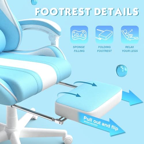 Ferghana Blue Gaming Chair with Bunny Ear, Cute Massage Gaming Chairs for Adults & Teens, Office PC Gamer Chair with Footrest, Kawaii Computer Game Chair for Girls, Racing Reclining Silla Gamer