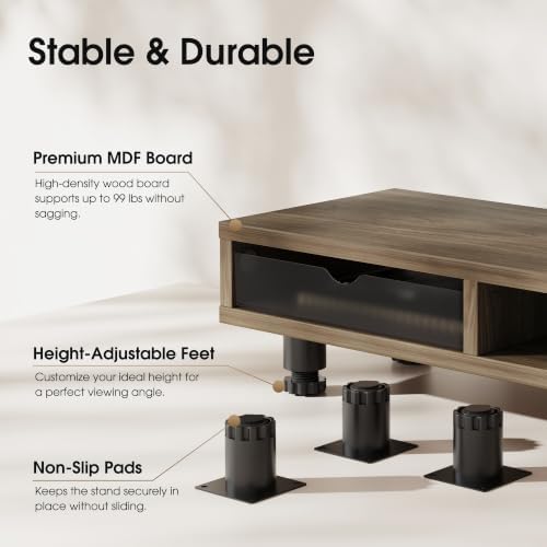 Fenge Dual Monitor Riser with 2 Drawers, 42.5in Long Desk Shelf, Brown