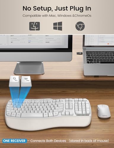 White Ergonomic Wireless Keyboard and Mouse Combo, 2.4G Full Size Ergo Wave Key Board with Cushioned Plam Rest, Natural Typing, 3 DPI Adjustable Silent Mouse for Computer/Laptop/Windows/Mac - Sablute