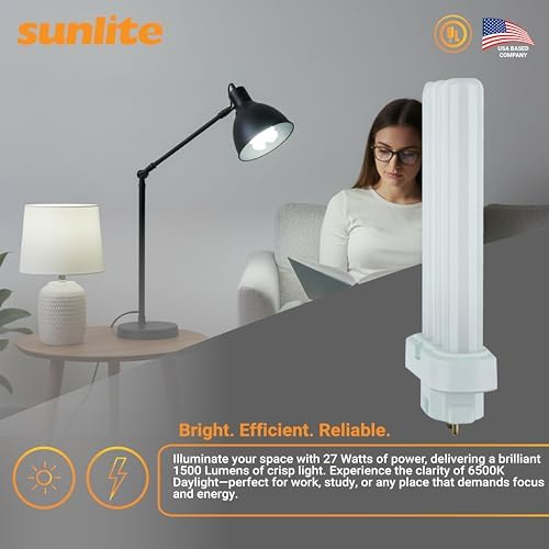 Sunlite FML27/65K Quad Tube Plug-in Compact Fluorescent Lamp, FML 4-Pin, 27 Watts, 1500 Lumens, 6500K Daylight, 4-Pin (GX10q4) Base, 120 Volts, 1 Pack
