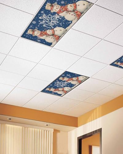Christmas Snowman Magnetic Fluorescent Light Covers for Ceiling Lights 2 x 4 Feet,Vintage Snowflakes Watercolor Blue Office Classroom Kitchen Drop Ceiling Light Covers Filters Shade Panel 2 Packs