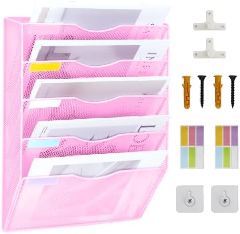 5 Pockets Mesh Wall File Holder Organizer Office Hanging File Folder Magazine Rack, Nametag Label Hooks Set Included (Pink)