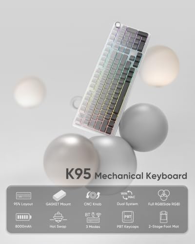 RedThunder K95 S Wireless Mechanical Gaming Keyboard, Hot Swappable Creamy Keyboard with Knob, RGB Backlit, Pre-lubed Linear Switches, Side Engraved PBT Keycaps, Wireless/Wired/BT5.0, Snow & Ash