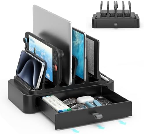 KDD Vertical Laptop Stand with Drawer - 7-in-1 Space-Saving Laptop Holder with Gravity Locking Fits MacBook, Dell, HP, Chromebook, Surface Pro, Tablet, Cell Phone, Switch, Keyboard Desktop Organizer