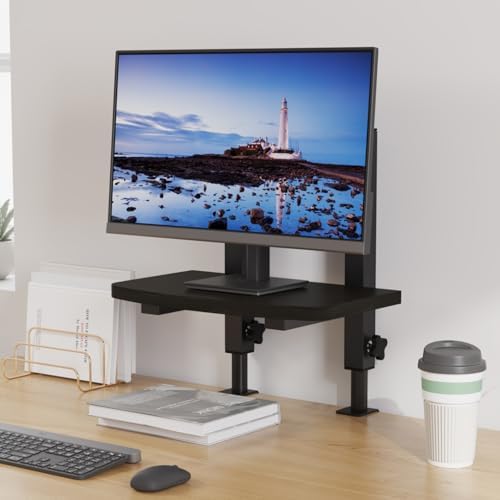 Adjustable Clamp-On Monitor Riser for Desk, Height Adjustable Monitor Stand with Space-Saving Design, Black MDF Shelf for Home Office, Workstation, and Study Setup (Black)
