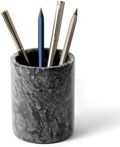Pen Holder Stand Italy Natural Premium True Marble Makeup Brush Holders, Tableware Organizer Desk Pencil Cup for Home Office School Decor Dark Grey (DL012)