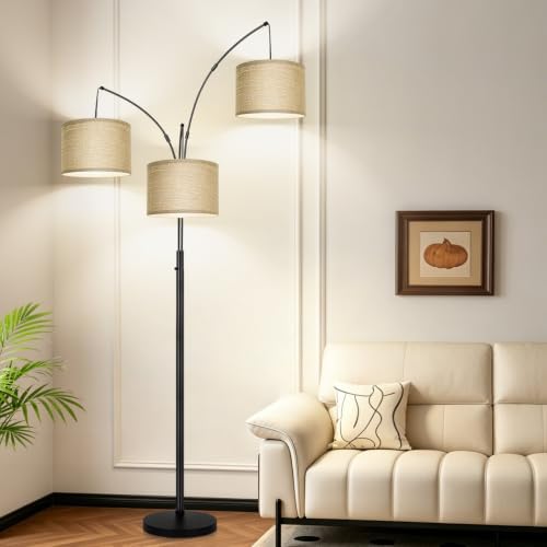 Nintiue Dimmable Floor Lamp, 3 Lights Black Arc Floor Lamp, Modern Tall Standing Tree Lamp with Champagne Linen Shades & Heavy Base, 3000LM LED Bulbs, Bright Lighting for Living Room, Bedroom, Office