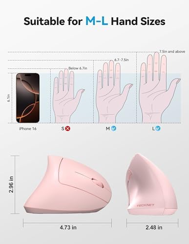 TECKNET Ergonomic Mouse Pink Rechargeable Vertical Wireless Mice Right Hand