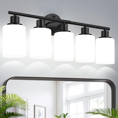 5-Light Bathroom Light Fixtures, Black Modern Vanity Lights with Milky White Frosted Glass Shades, Bathroom Wall Lamp, Clear Glass Shade, for Mirror, Living Room, Kitchen, Hallway, Cabinet, Porch