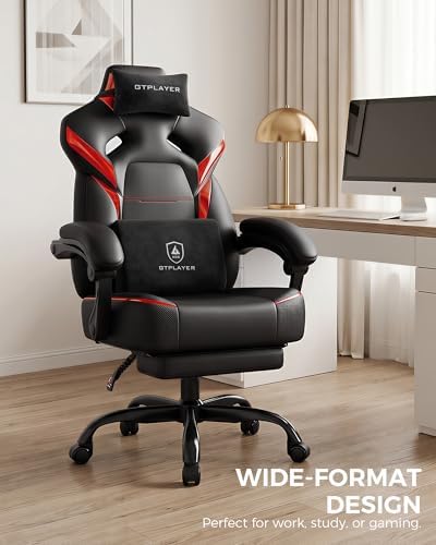 GTPLAYER Big and Tall Gaming Chair with Footrest, High Back Ergonomic Office Chair for Adults, Heavy Duty 350 lbs Capacity, Premium Leather & Iridescent Trim, ACE-Armor, Red