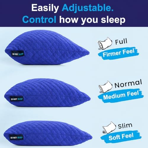 Sidney Sleep Adjustable Bed Pillow for Neck and Shoulder Support with Extra Shredded Fill - Cervical Contour Pillow for Side and Back Sleepers. Standard Size 19" x 26" CertiPUR-US Certified (Blue)