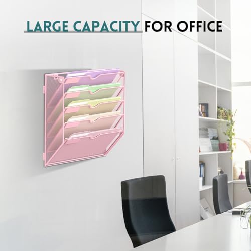SUPEASY 5 Tier Wall File Organizer, Hanging Wall Mounted Mail Organizer with Label Slots, Metal Mesh File Holder Magazine Rack for Office, Home, School, Pink