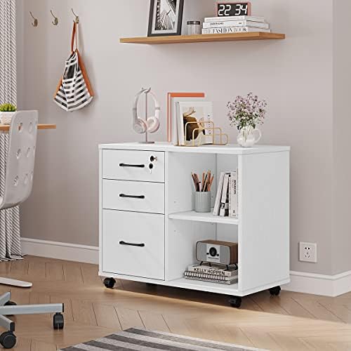 Panana 3 Drawer Office File Cabinets, Mobile Lateral Printer Stand with Open Storage Shelf, Rolling Filing Cabinet with Wheels Home Office Organization and Storage (White)