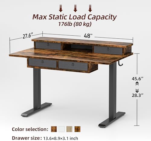 TIQLAB 48 * 28 Inch Standing Desk with Four Drawers, Electric Sit Stand Table, Stand Up Desk Adjustable Height with Storage Shelf, Splice Board, Deep Vintage