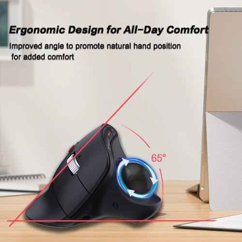 JOMAA Wireless Vertical Trackball Mouse - Ergonomic Design, 3-Device Switching, 2.4G/Bluetooth 5.0, Rechargeable Type-C, Adjustable DPI, Compatible with Windows/macOS/iOS/Android (Black)