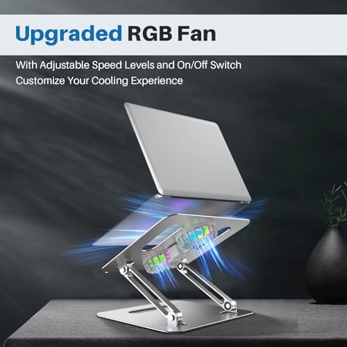YICOSUN Adjustable Laptop Cooling Stand with 2 Quiet Fans & RGB Lighting, Aluminum Alloy & Foldable Ergonomic Design for MacBook, Lenovo, ASUS, Dell 10-16 Inch, Perfect for Gaming, DJ, Office - Silver