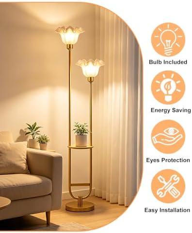 Flower Floor Lamps with Table, 2-Lights Dimmable Floral Floor Lamp, 3000K Warmwhite Modern Floor Lamp, Vintage Gold Standing Lamp with 5Lbs Heavy Base for Living Room Bedroom Girls Room